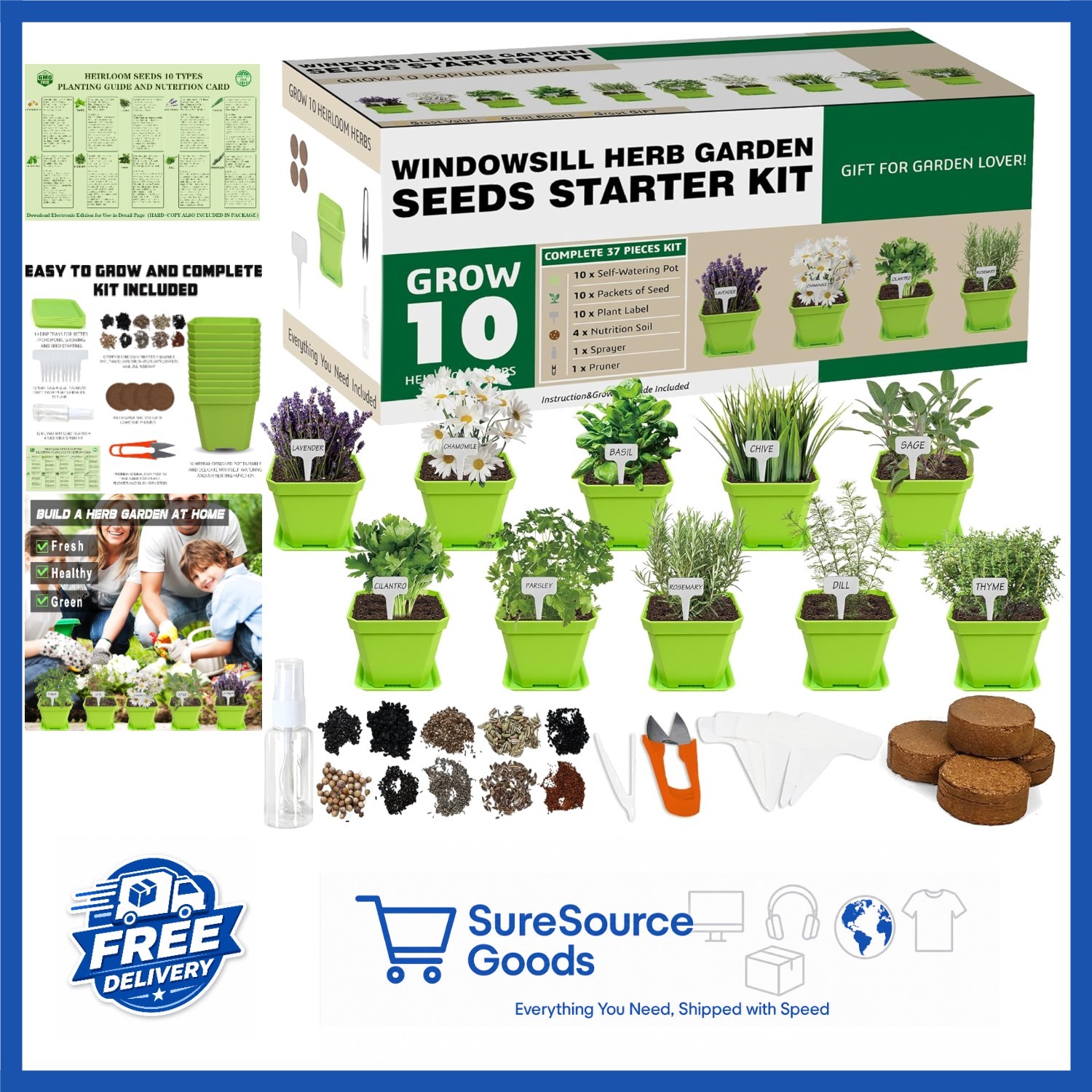 Herb Growing Kit with 10 Seeds, Self-Watering Pots, and Complete Accessories