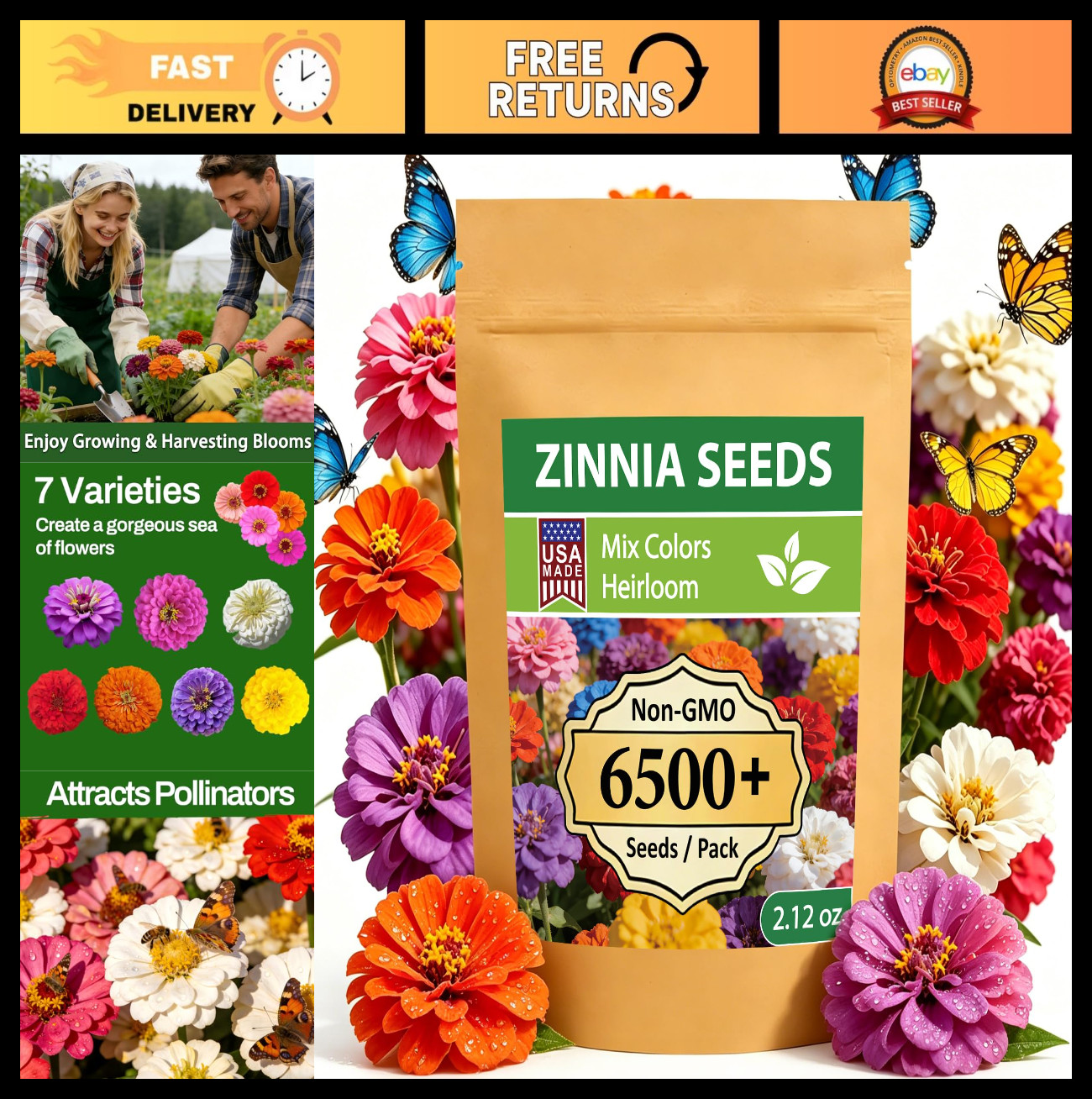 Mixed Color Zinnia Seeds – 6500+ Bulk Pack, Large Blooms, Non-GMO, High Germinat