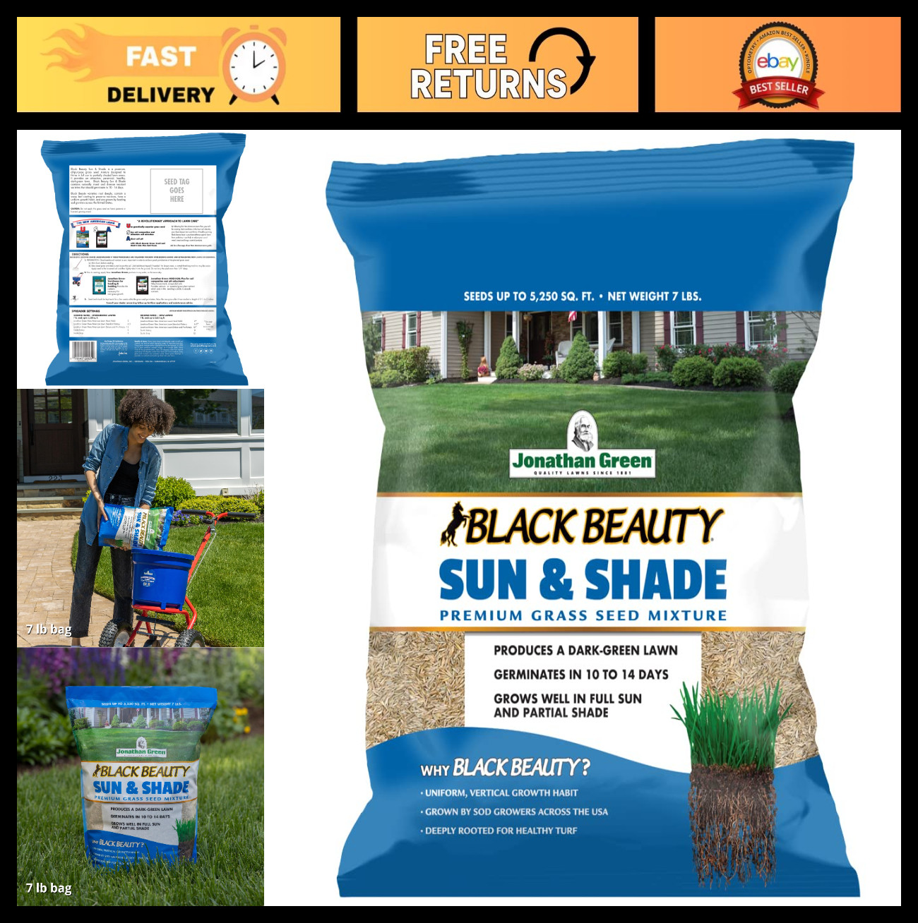 Premium Black Beauty Sun & Shade Grass Seed – Cool Season Lawn Seed, 7 lb Bag