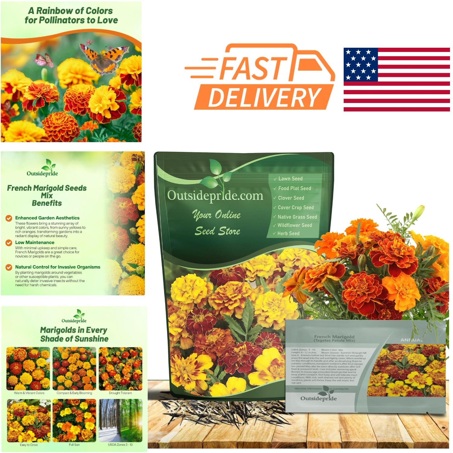 French Marigold Seeds Mix 1/4 Lb Annual Compact Heat Tolerant Flower Seeds