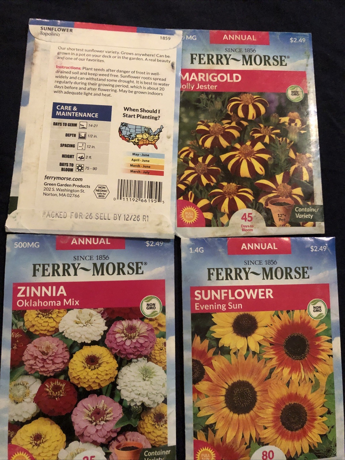 4 sets FERRY-MORSE Flower seeds – zinnia, Marigold, 2 sunflower￼ – 2026 Garden