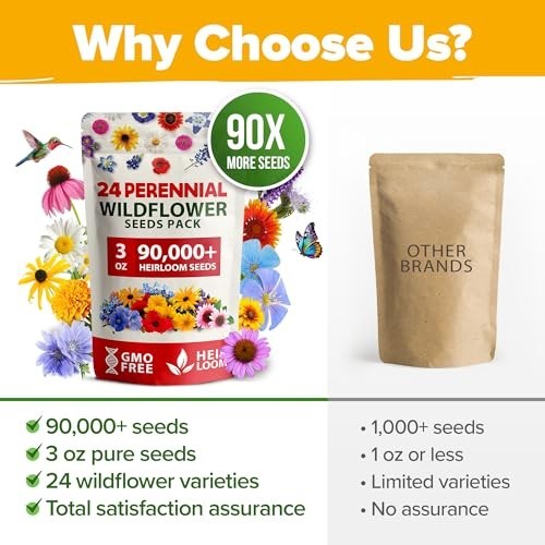90,000+ Wildflower Seeds Mix – 3oz, 24 Varieties, Non-GMO Perennial, Attracts Be