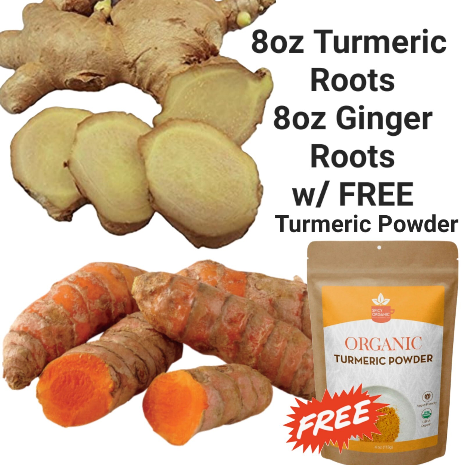 TURMERIC GINGER 8oz each w/ FREE TURMERIC POWDER, Organic, Plant, Herbal