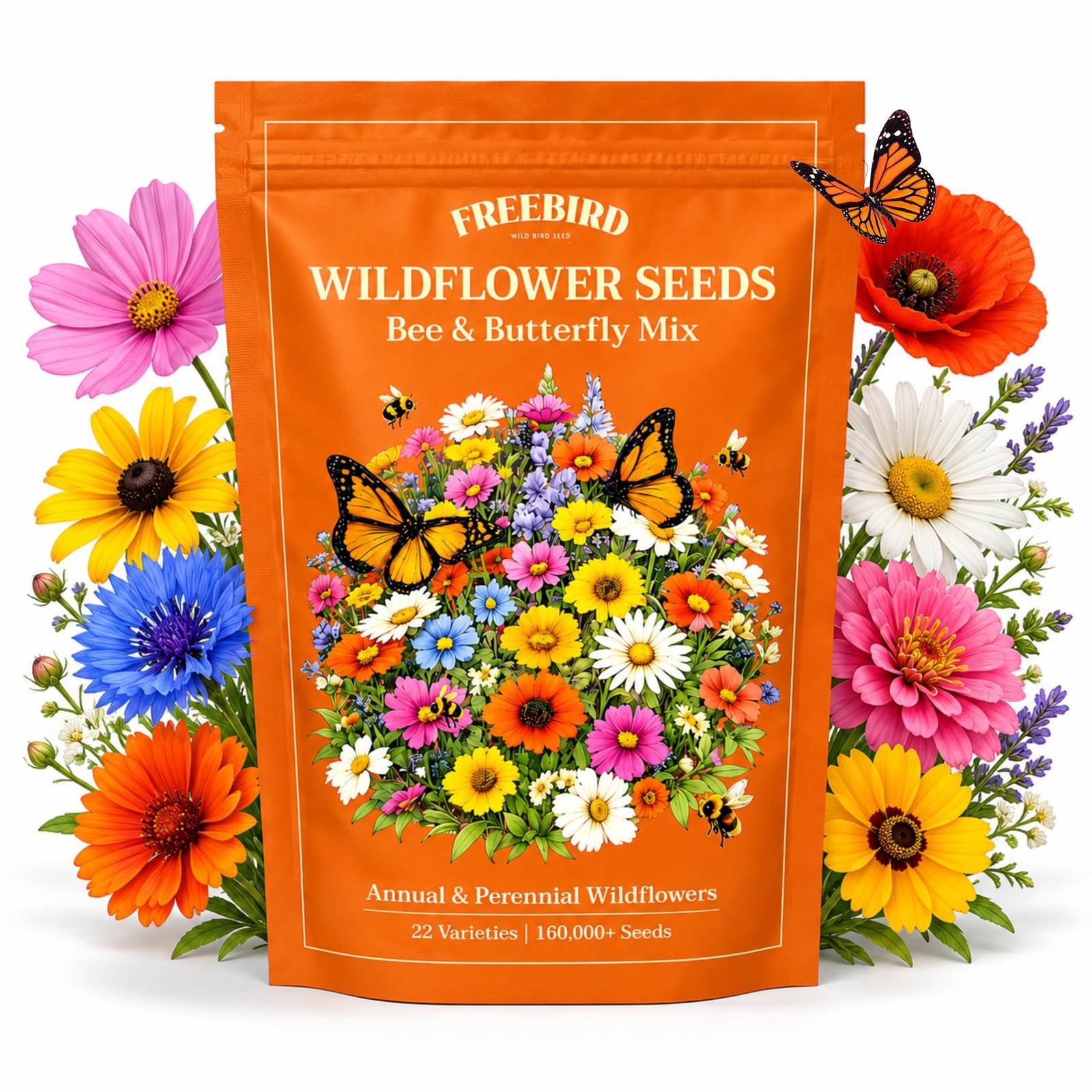 Wildflower Seeds for Bees & Butterflies – 22 Variety Pollinator Mix – 160,000…