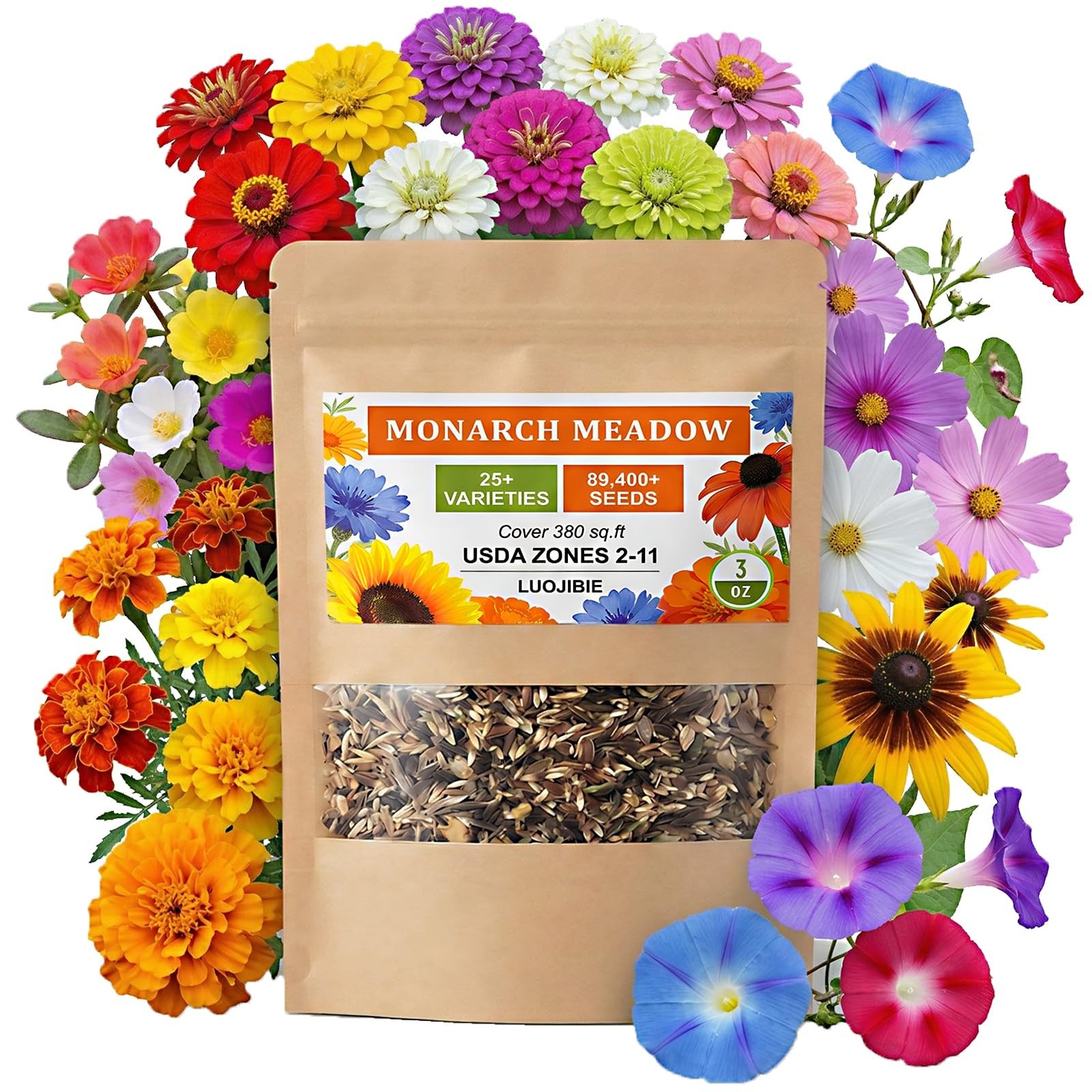 Wildflower Seed Mix 3oz – 89,400+ Non-GMO Seeds for Monarchs – 25+ Varieties Ann
