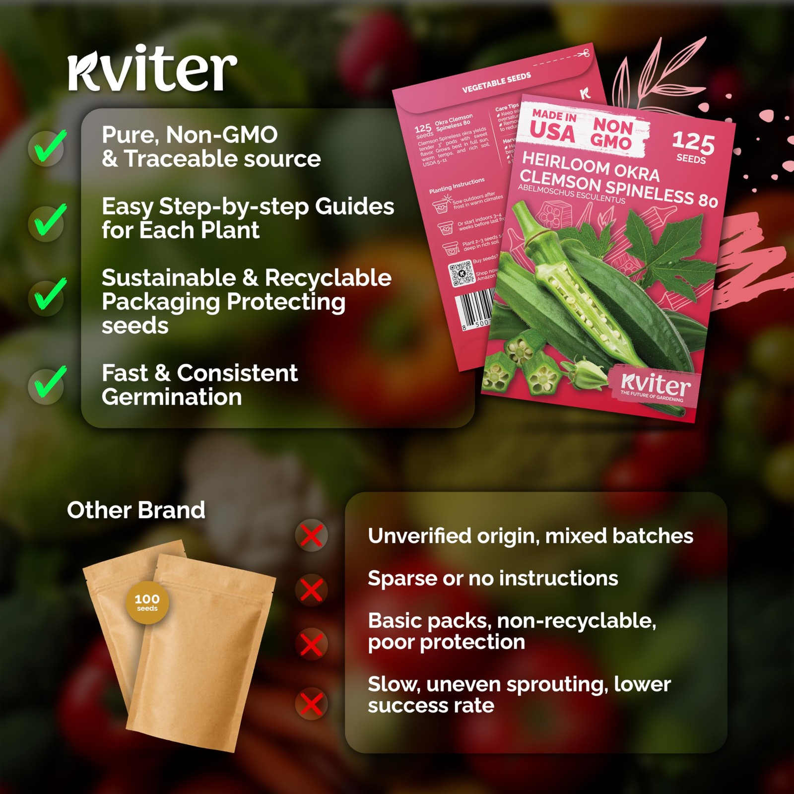 KVITER 125 Clemson Spineless 80 Okra Seeds for Planting (Abelmoschus esculentus)