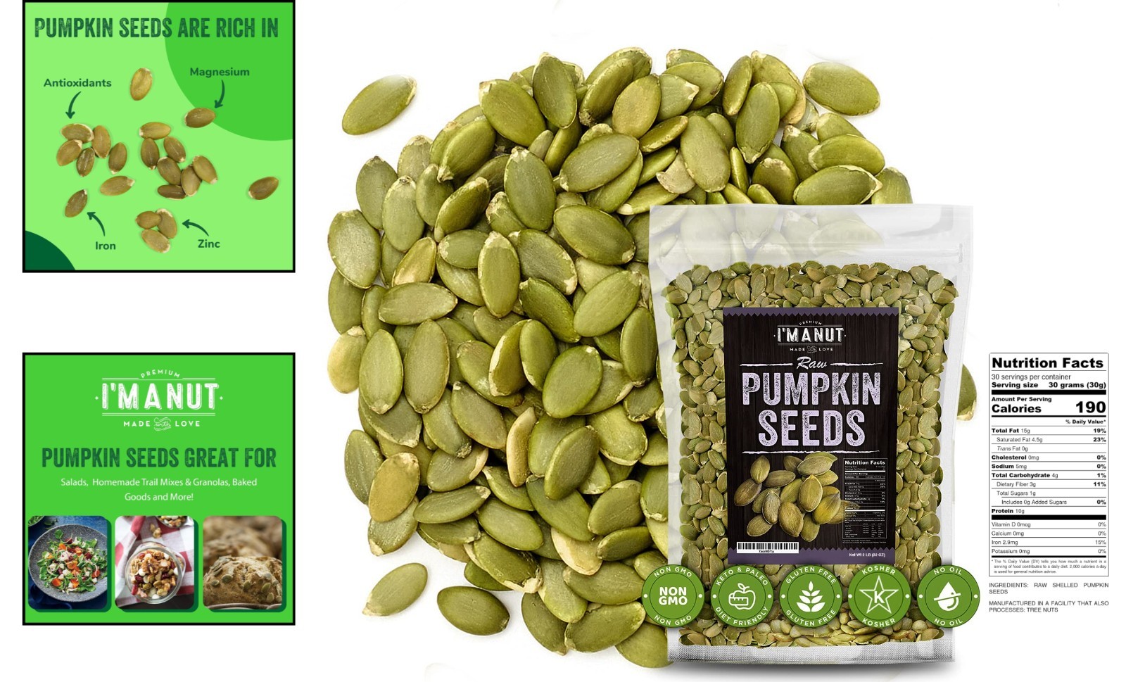 Healthy 32 oz Raw Pumpkin Seeds in Resealable Bag | Non-GMO, Kosher Certified
