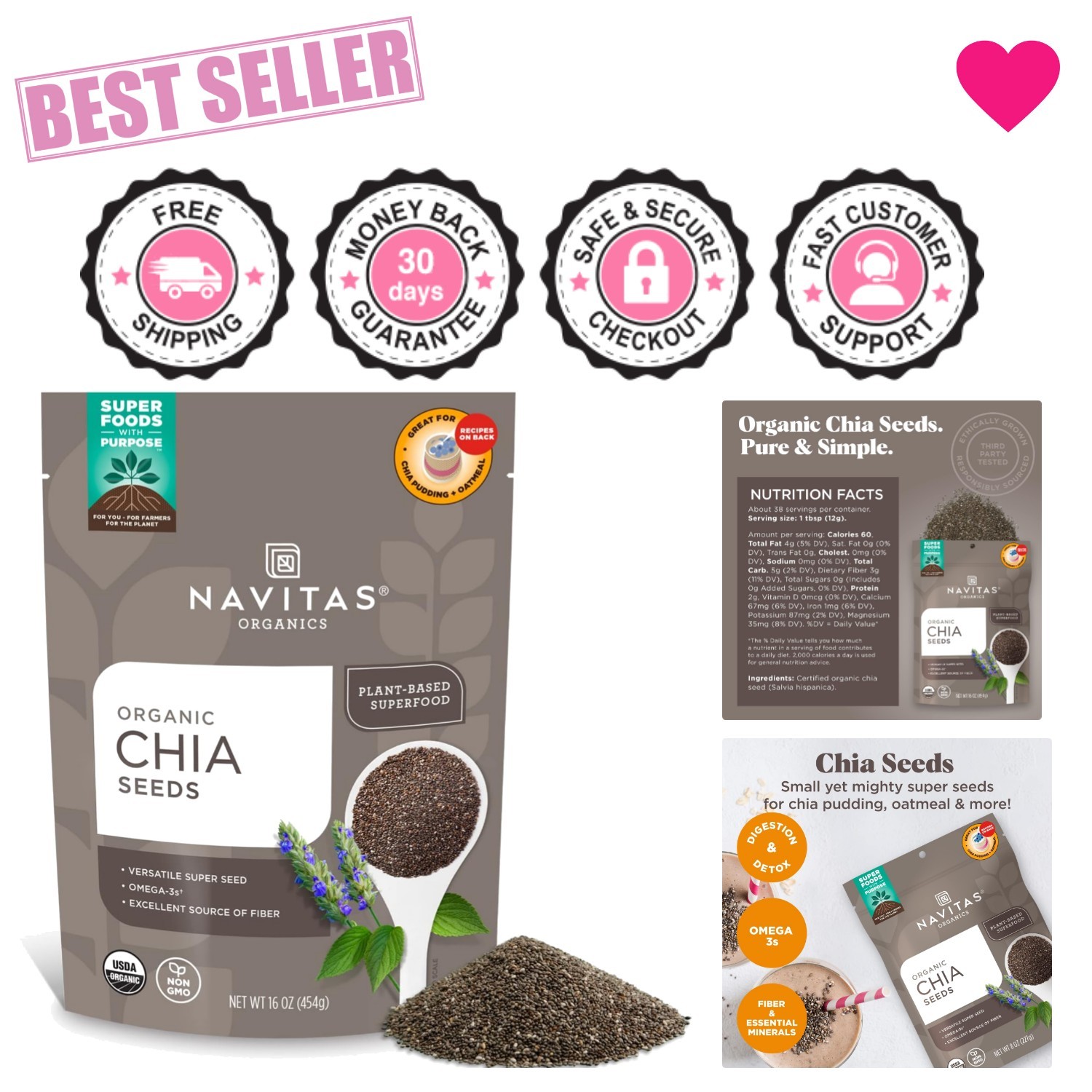 16oz Chia Seeds – Kosher, Superfood for Healthy Cooking & Pudding