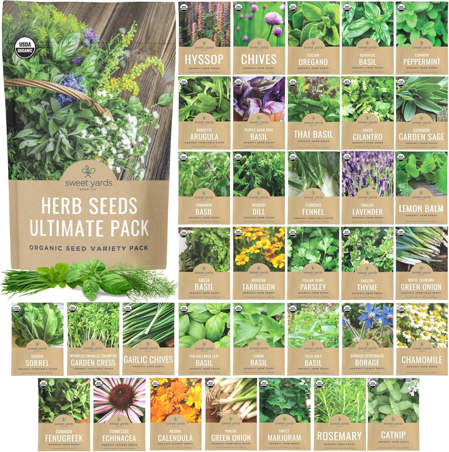 Organic Herb Seeds Variety Pack – 35 Individual Packs – 2026 Season – Basil, Cil