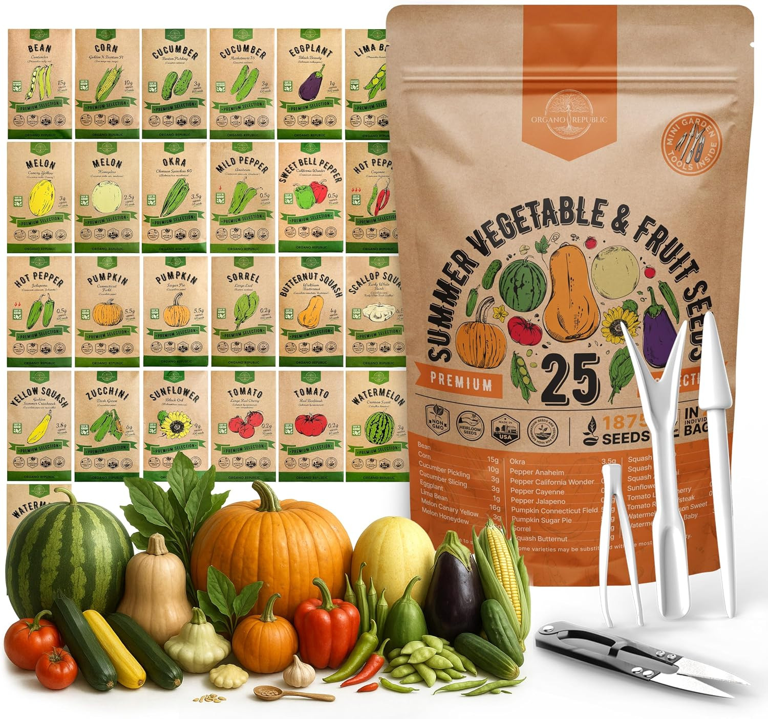 25 Summer Vegetable & Fruit Seeds Variety Pack – 1,870+ Non-Gmo Heirloom Veggie