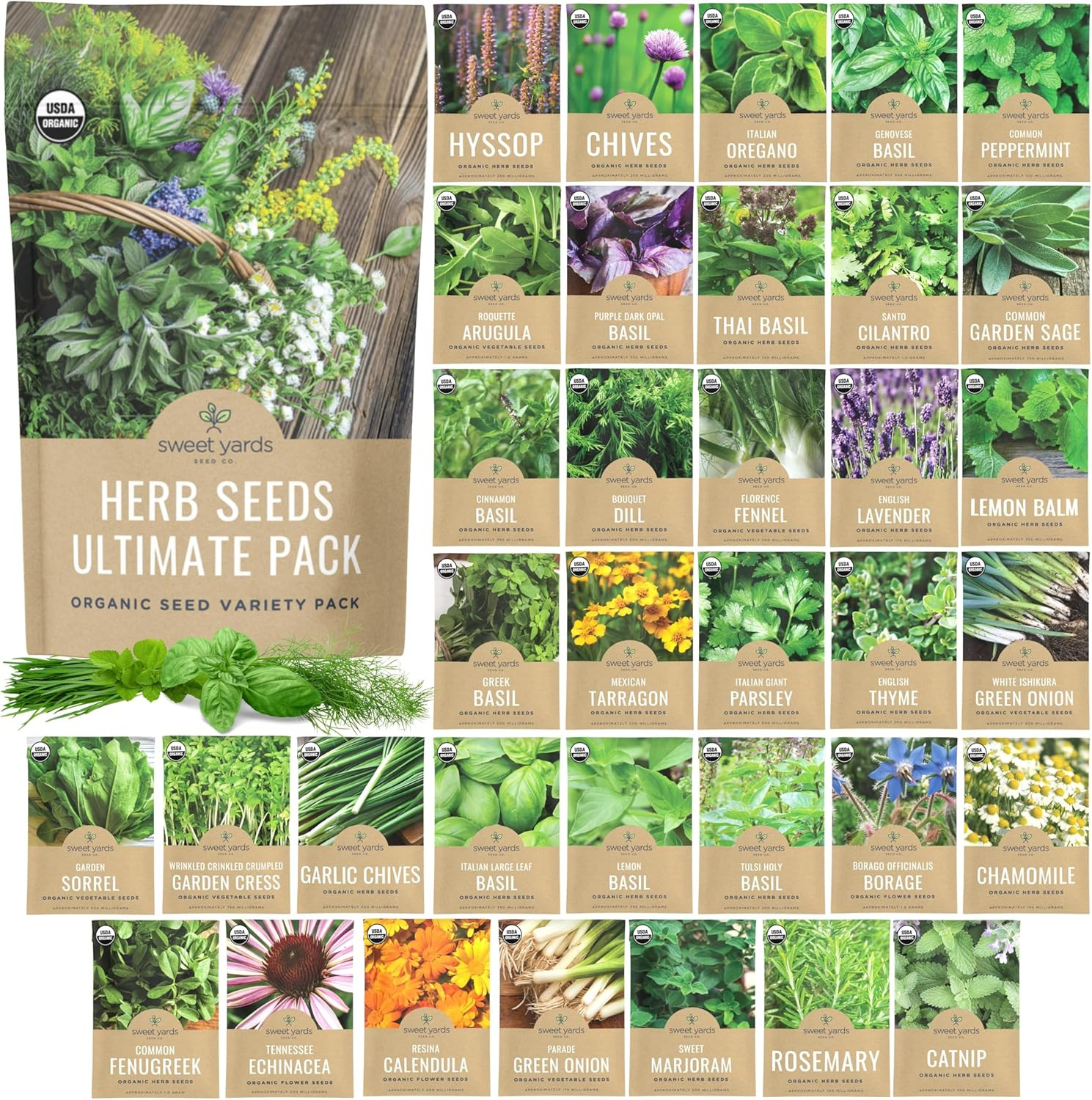 Organic Herb Seeds Variety Pack – 35 Individual Packs – 2025 Season – Basil, Cil
