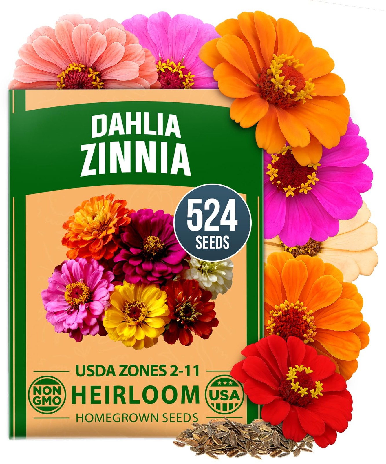 HOME GROWN Zinnia Dahlia Seeds Pack for 2026 Non GMO 524 Flower Seeds | Vibra…