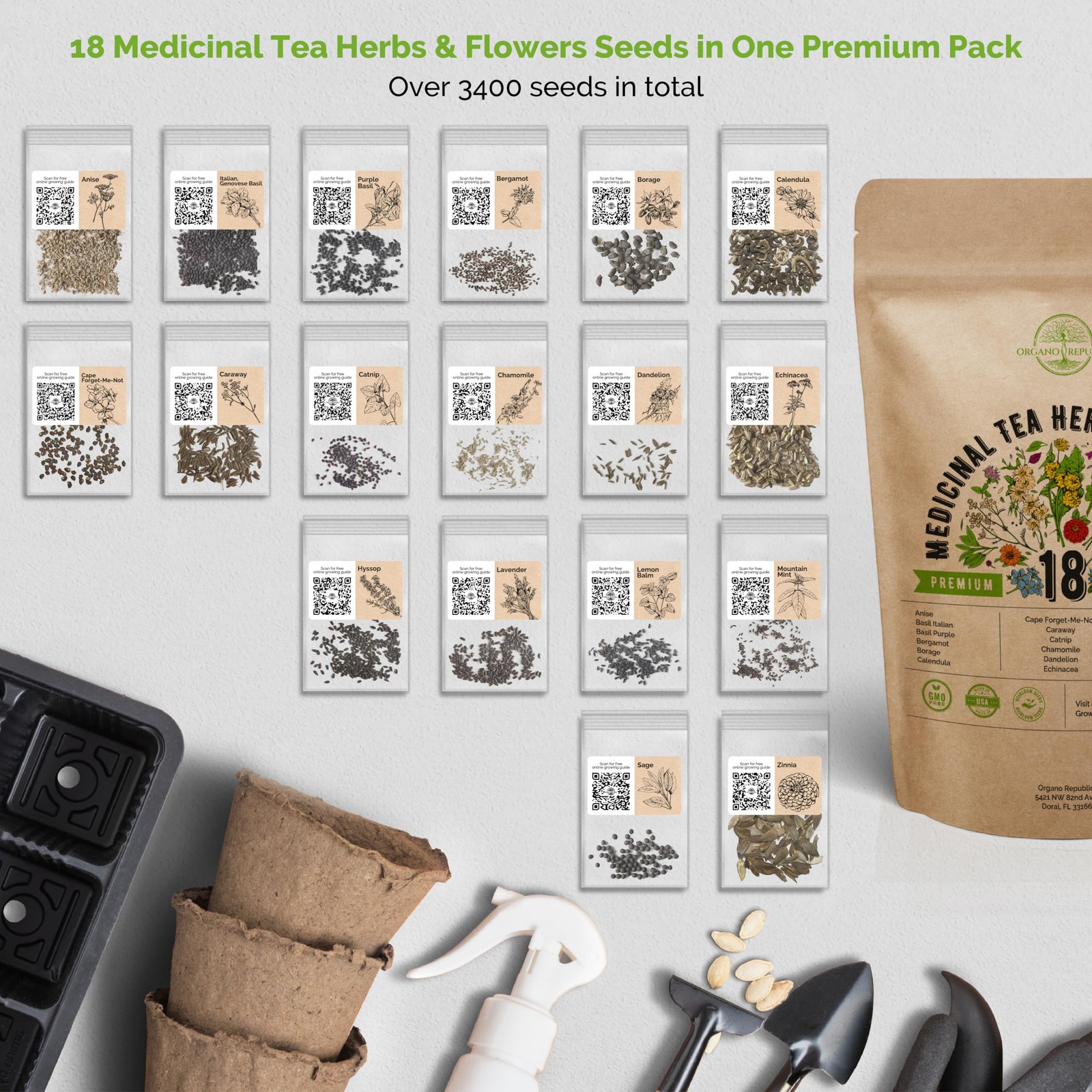 18 Medicinal Tea Herb & Flower Seeds Variety Pack- Indoor/Outdoor. 3400+ Non-…