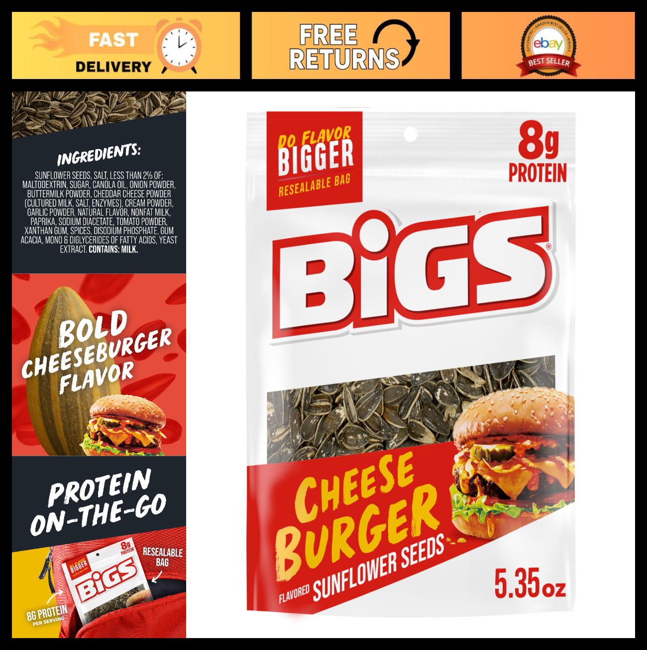 Cheeseburger Flavor Sunflower Seeds, 5.35 oz – Pack of 12, Snack Food, Healthy T