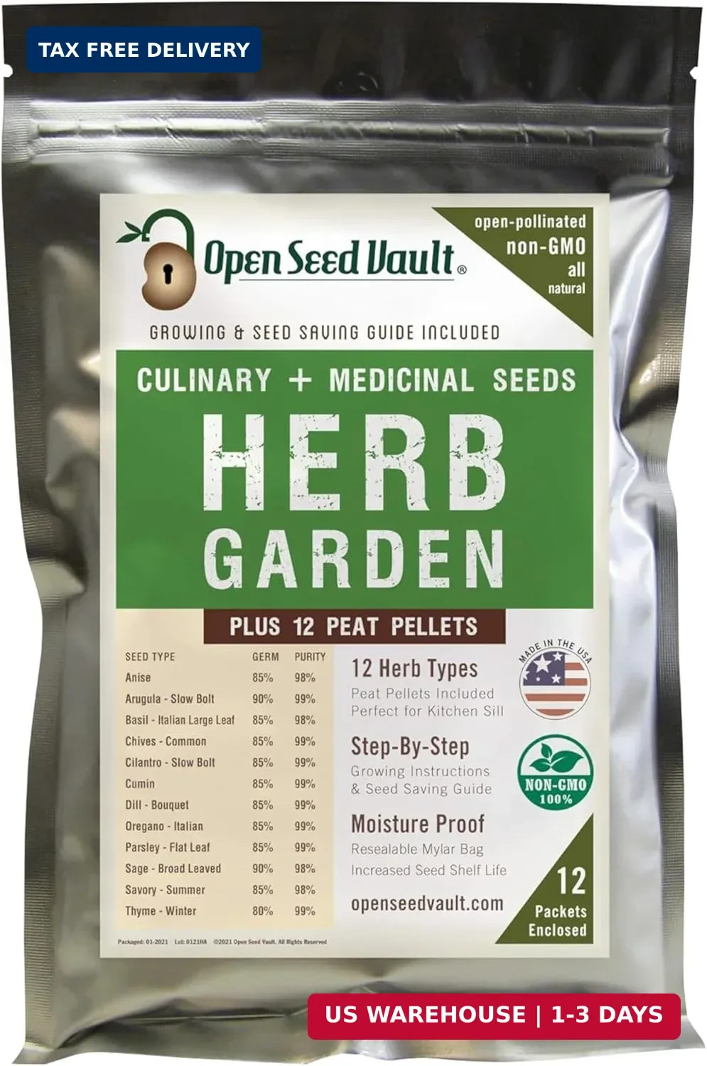 Open Seed Vault | 4,000 Heirloom Seeds | 12 Variety Pack of Herb Seeds | 2026 Se