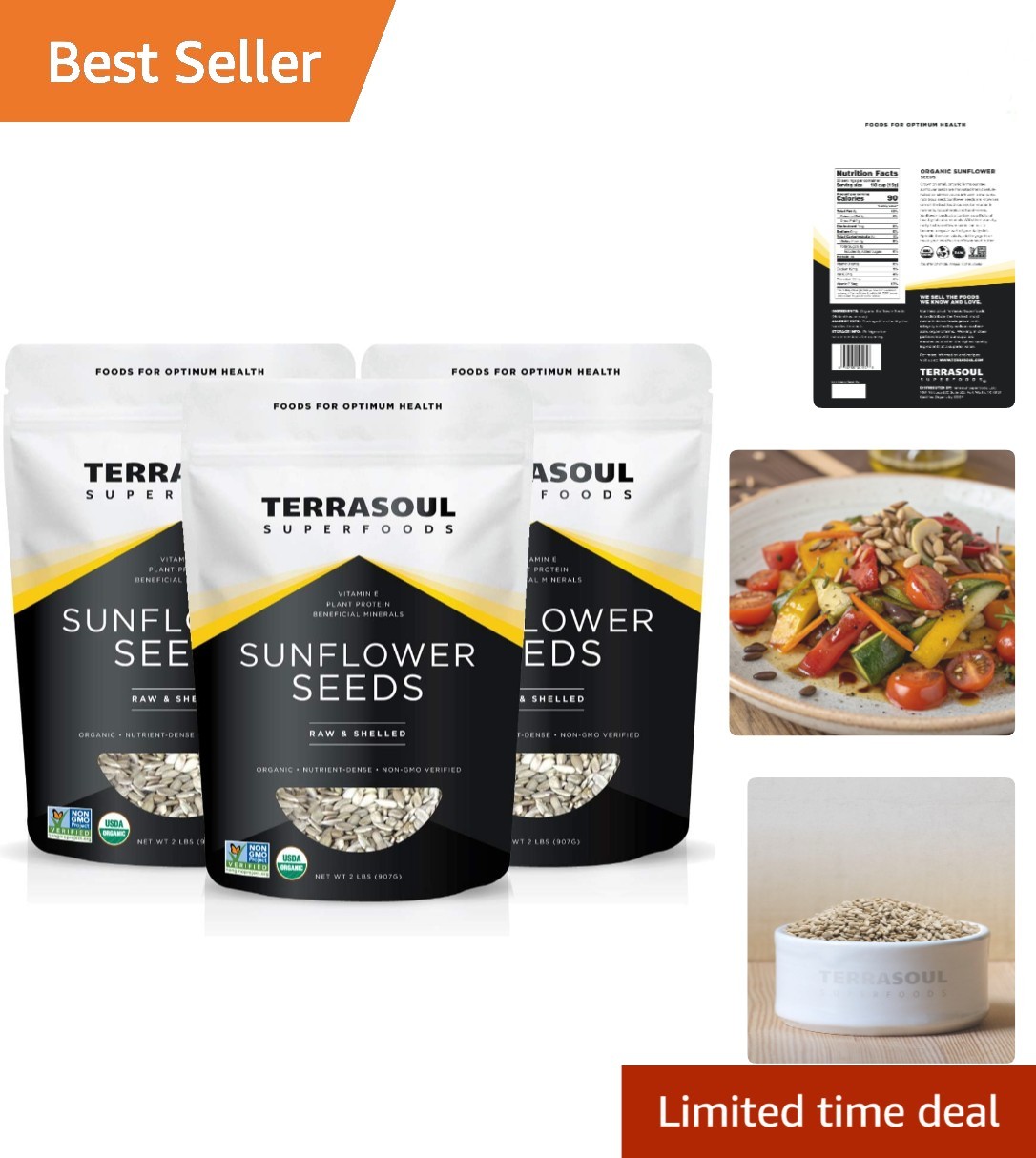 Hulled Organic Sunflower Seeds – 6 lbs (3 Packs of 2 lbs) – Gluten-Free Snack
