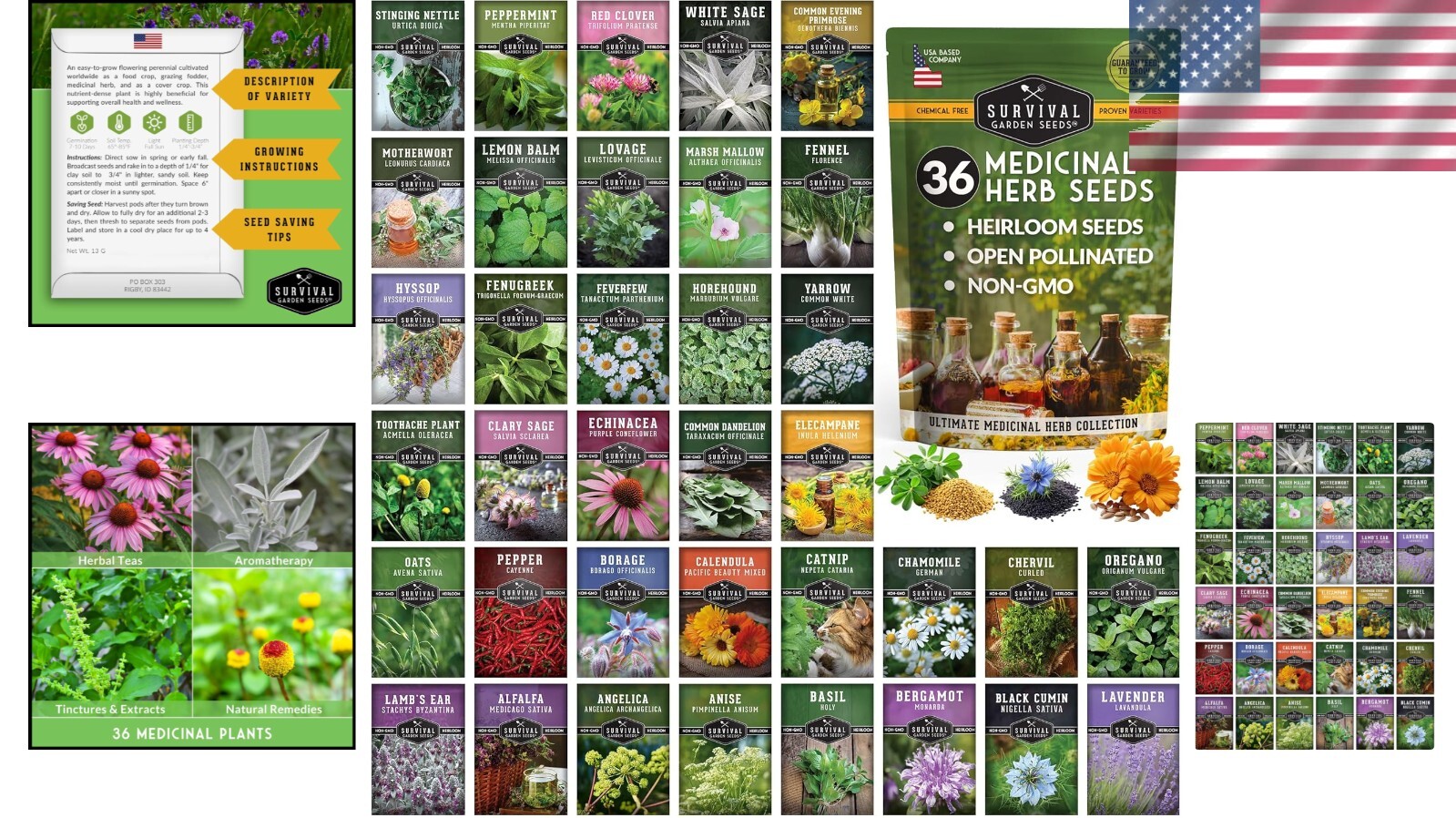 36 Variety Pack of Non-GMO Medicinal Herb Seeds for Home Apothecary Gardens
