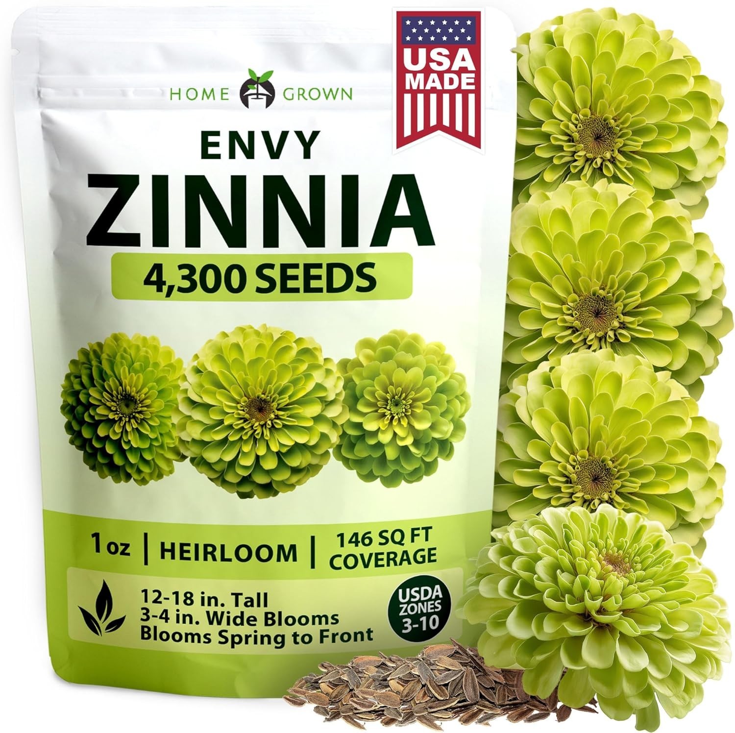 Heirloom Zinnia Seeds – 4300 Non-GMO Lime Green Flowers for Spectacular Gardens