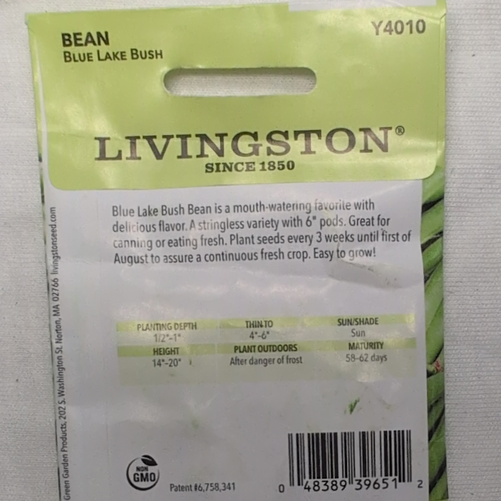 Livingston Bean Blue Lake Bush Green Vegetable Seeds Full Sun Edible 10 g Y4010