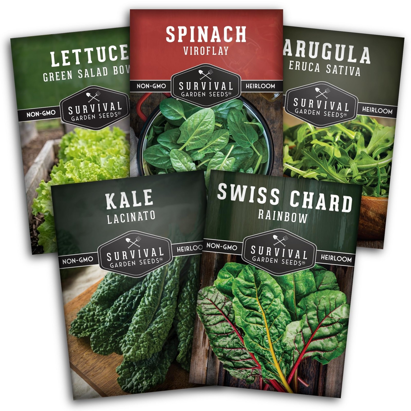 Heirloom Leafy Greens Seed Pack Spinach, Arugula, Kale, Lettuce, Swiss Chard