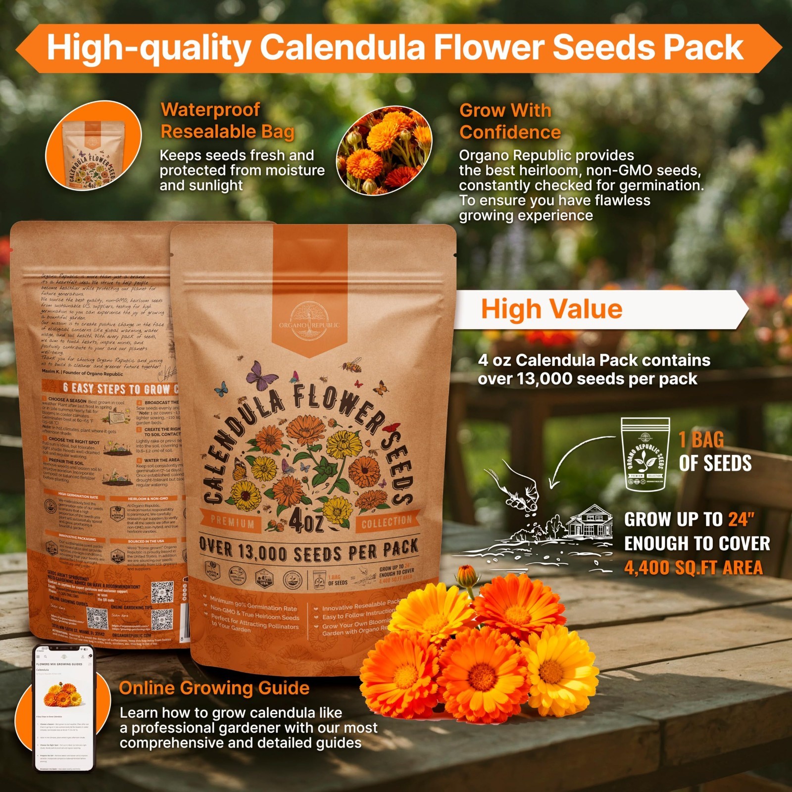 Calendula Seeds 4 oz – 13,000 Non-GMO Heirloom Flower Seeds for Indoor & Outdoor
