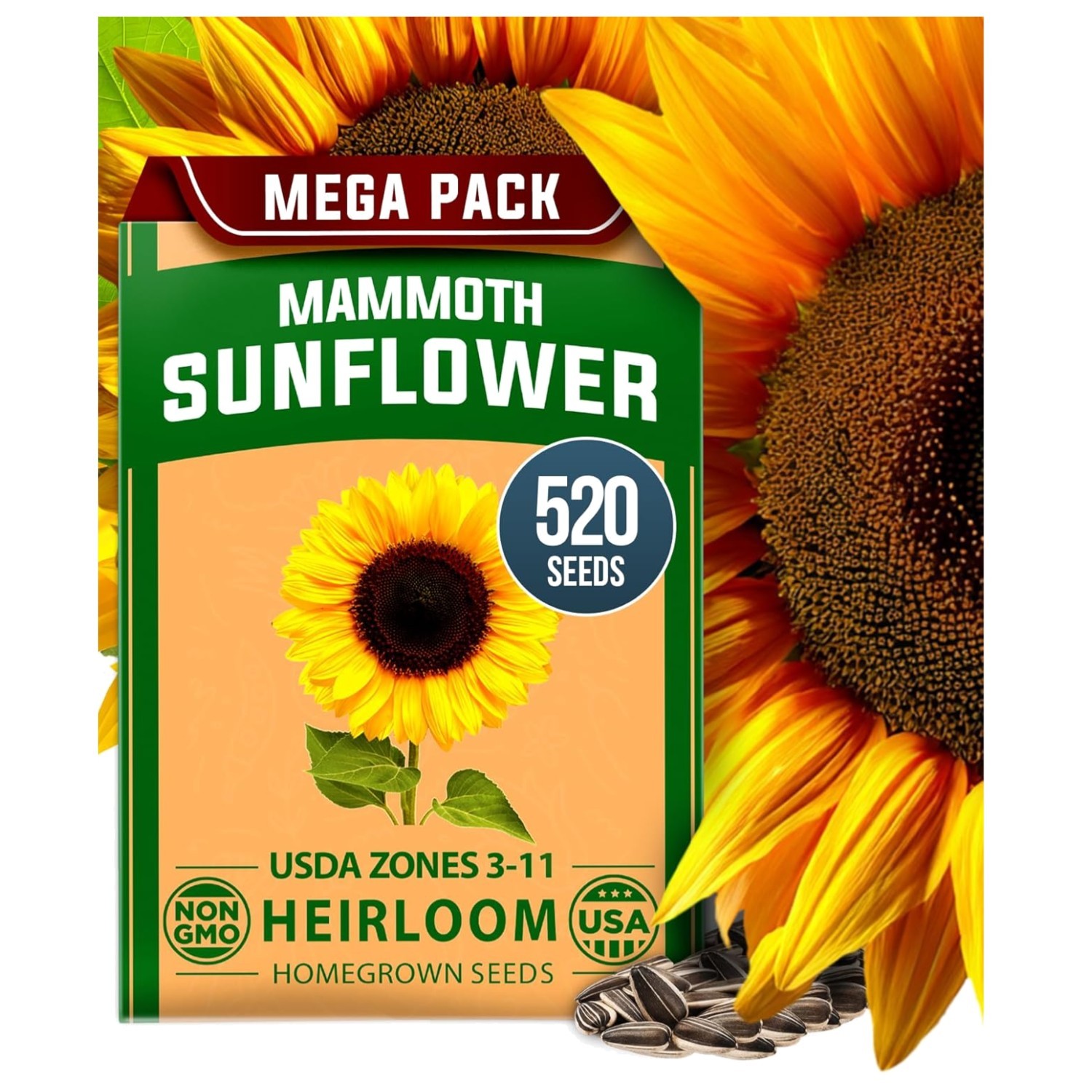 Giant Mammoth Sunflower Seeds 520+ Heirloom Non-GMO Pack for Planting Garden