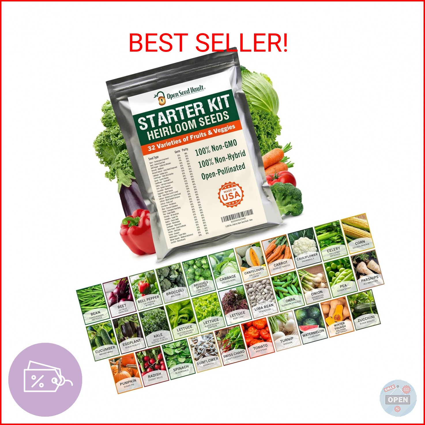 Open Seed Vault |15,000 Heirloom Seeds | 32 Seed Types | Survival Seeds | 2026 S