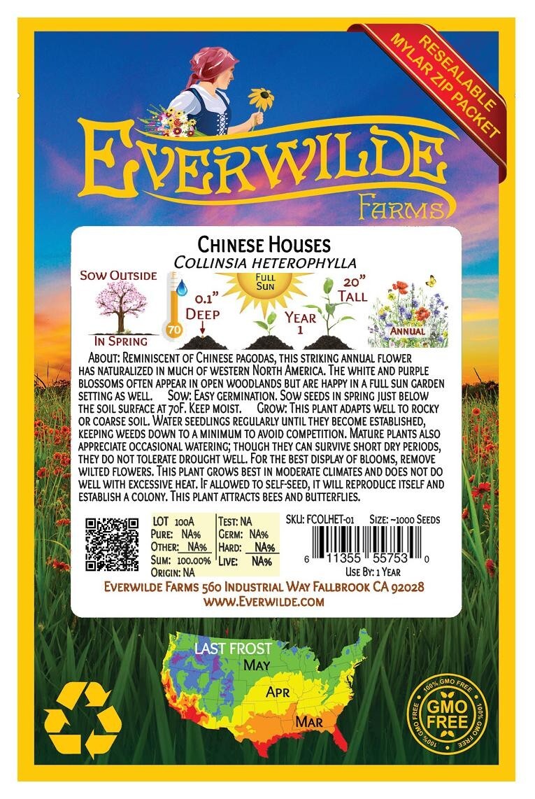 1000 Chinese Houses Wildflower Seeds – Everwilde Farms Mylar Seed Packet