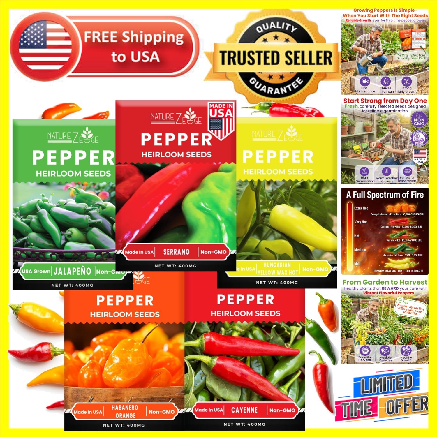 Bold Flavors Await: Heirloom Hot Pepper Seeds Variety Pack – 50 Seeds Total