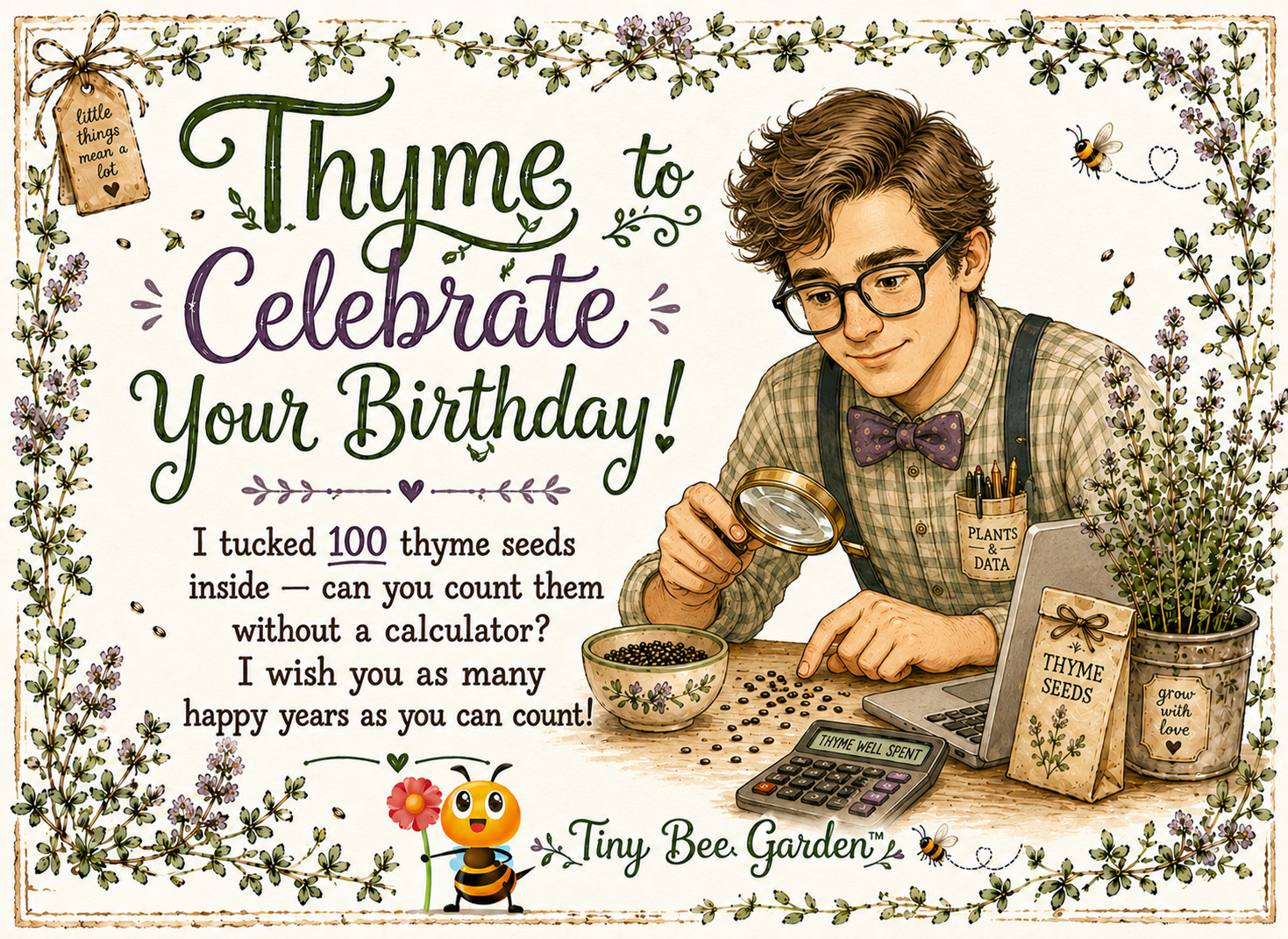 Birthday: Collectible gift card for young men, Thyme seeds as a gift attached
