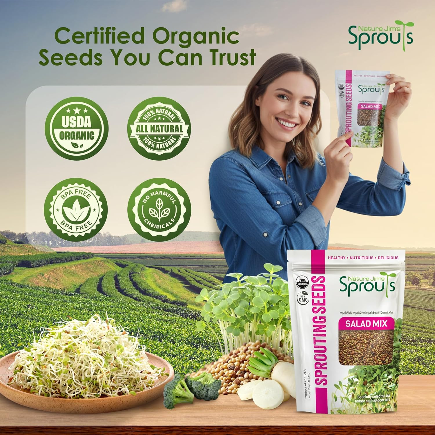 Nature Jim’s Sprouts Organic Salad Mix – Non-GMO Microgreen Seeds, Perfect for G