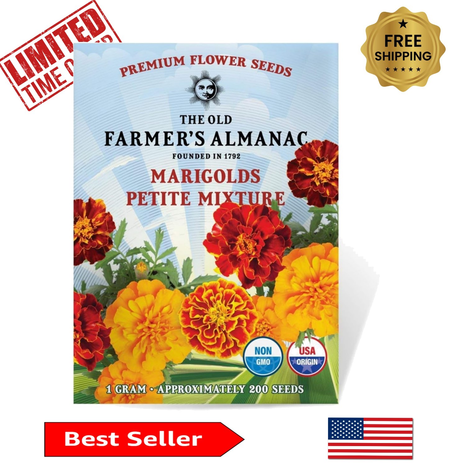 Beautiful Non-GMO Marigold Flower Seeds – Perfect for Outdoor Gardens, 200 pcs