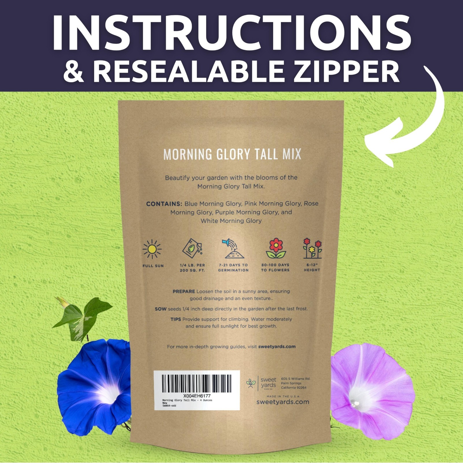 Morning Glory Tall Mix – 3,000 Flower Seeds for Planting – Bulk 1/4 lb Pouch