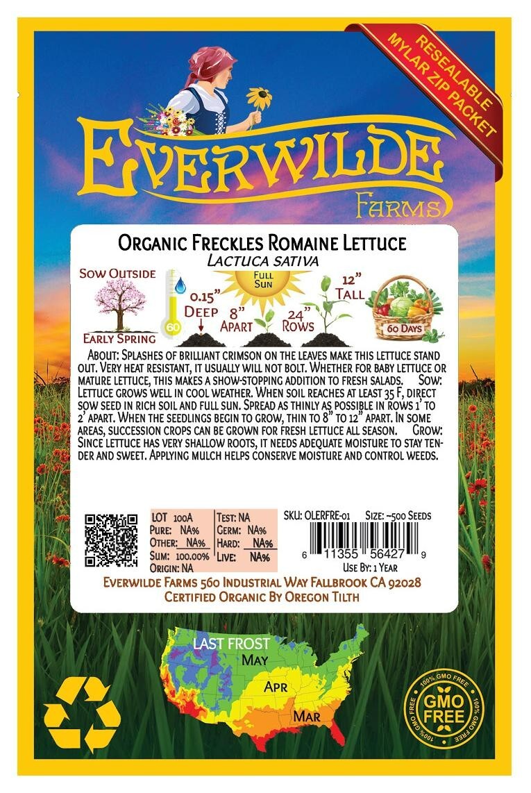 1 Oz Organic Freckles Romaine Lettuce Seeds – Everwilde Farms Mylar Seed Packet