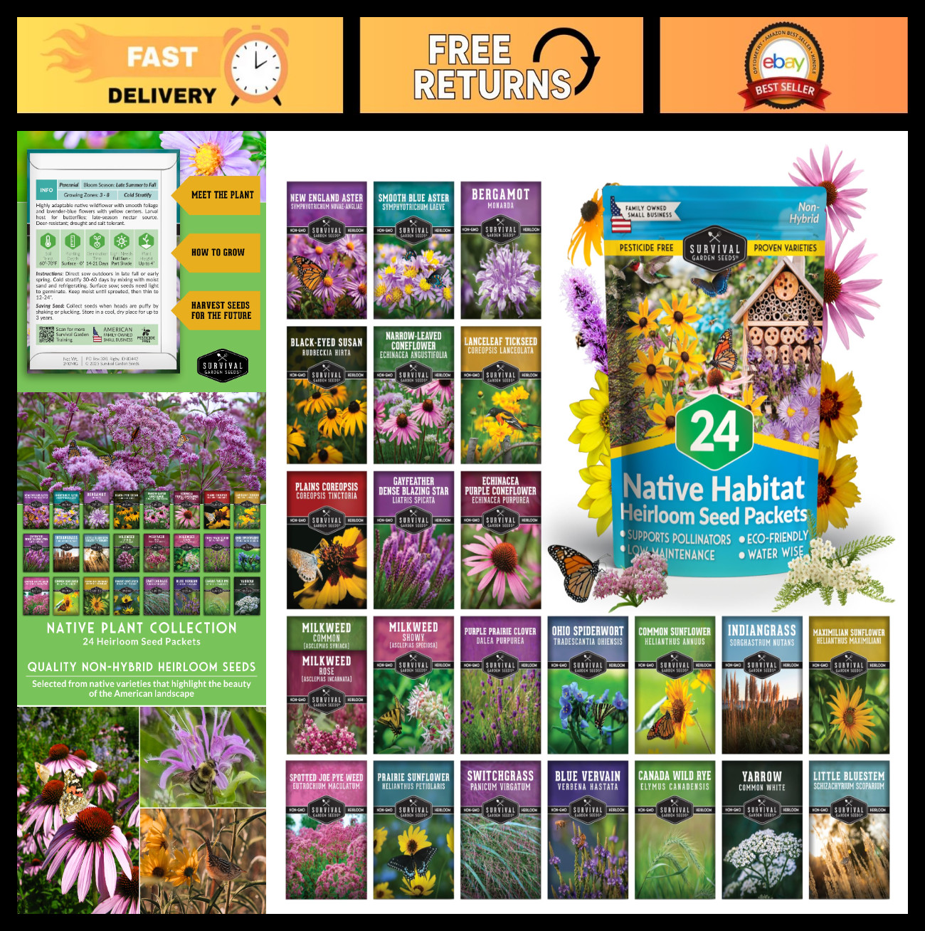 Wildflower Seeds Variety Pack – 24 Non-GMO Perennial & Annual Flowers for Pollin