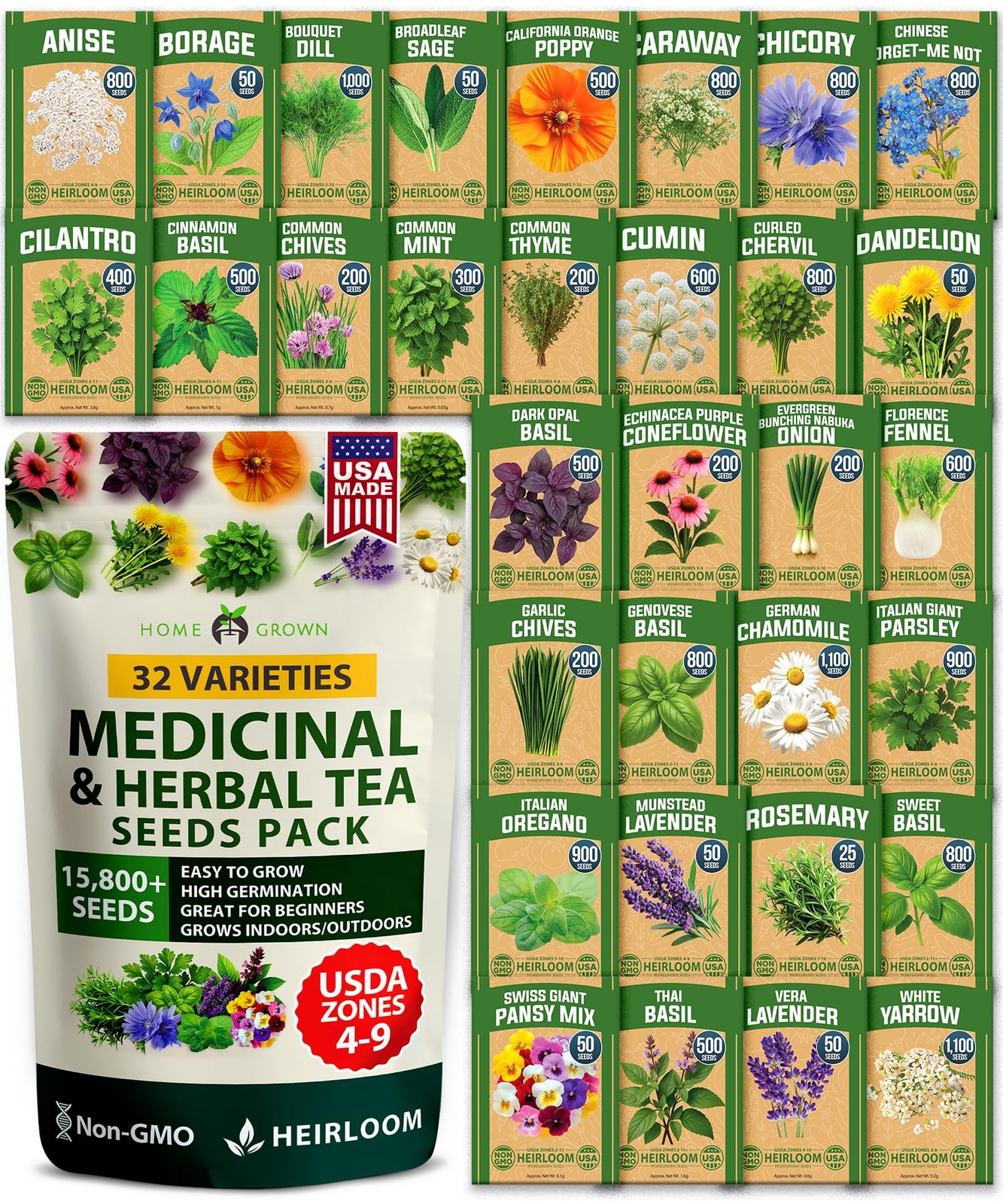 Herb Seeds 32 Medicinal Herbs and Tea Variety Pack â€“ Annual & Perennial Herb