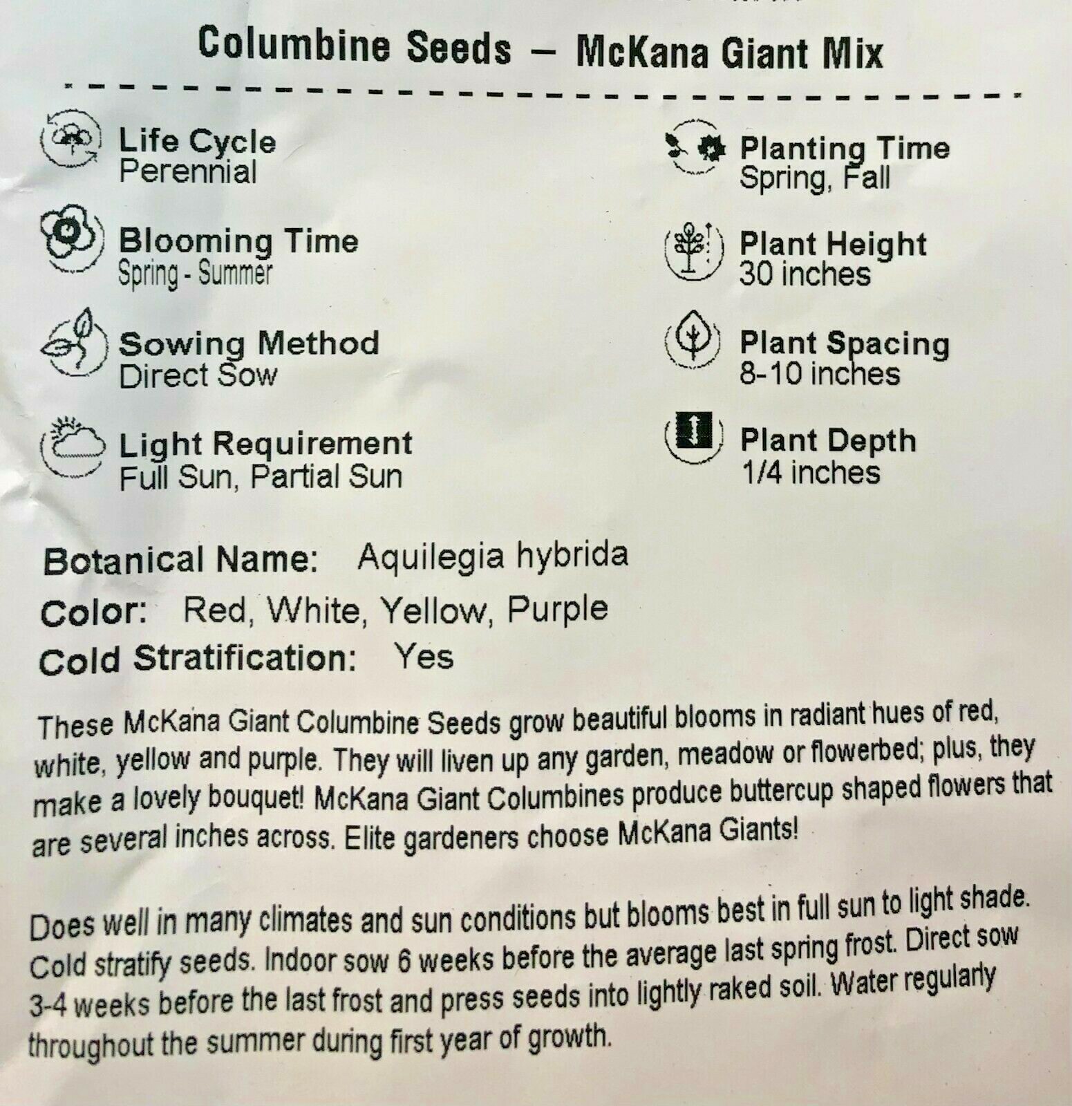 Columbine MCKANA GIANT Mix Perennial Hummingbirds Butterflies Non-GMO 200 Seeds