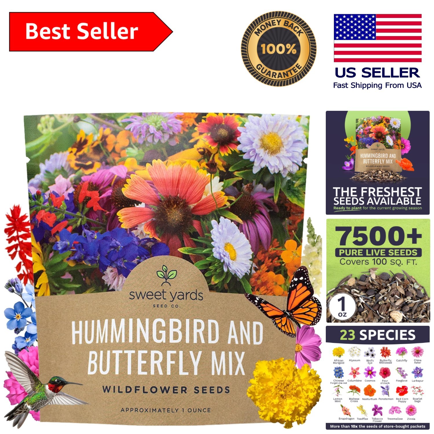 Garden-Safe Wildflower Seeds for Butterflies & Hummingbirds – 1 Oz, 23 Varieties