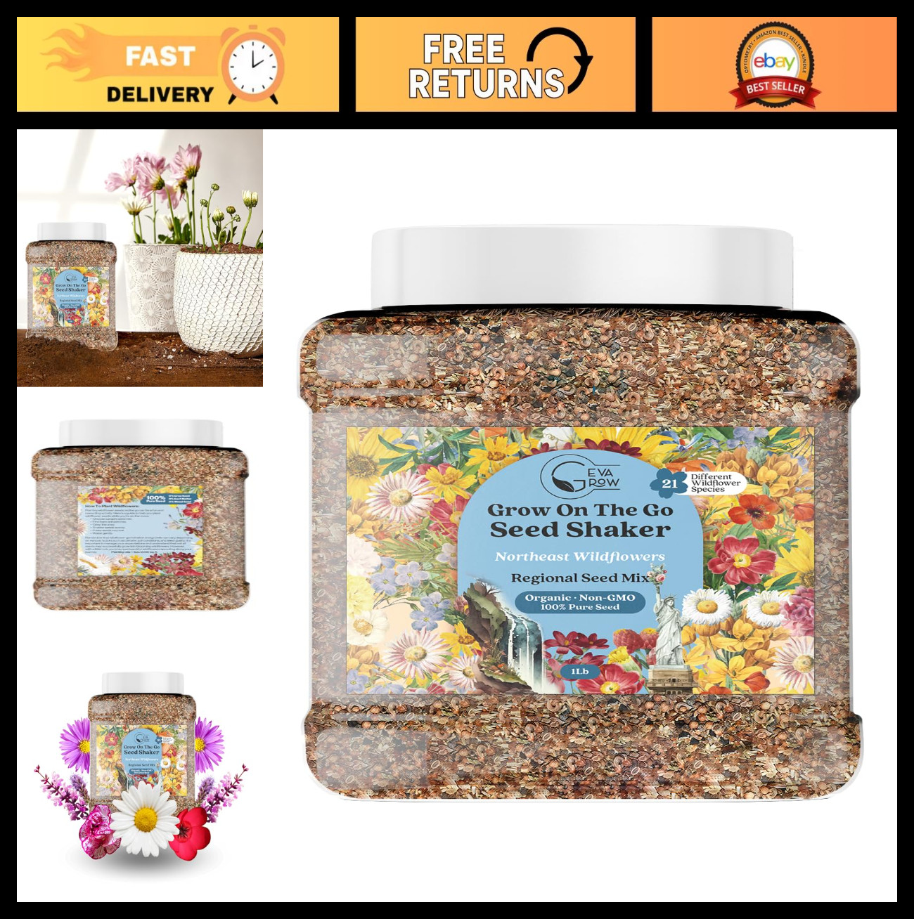 “100% Pure Organic Wildflower Seeds – 21 Varieties for Northeast USA – Non-GMO,