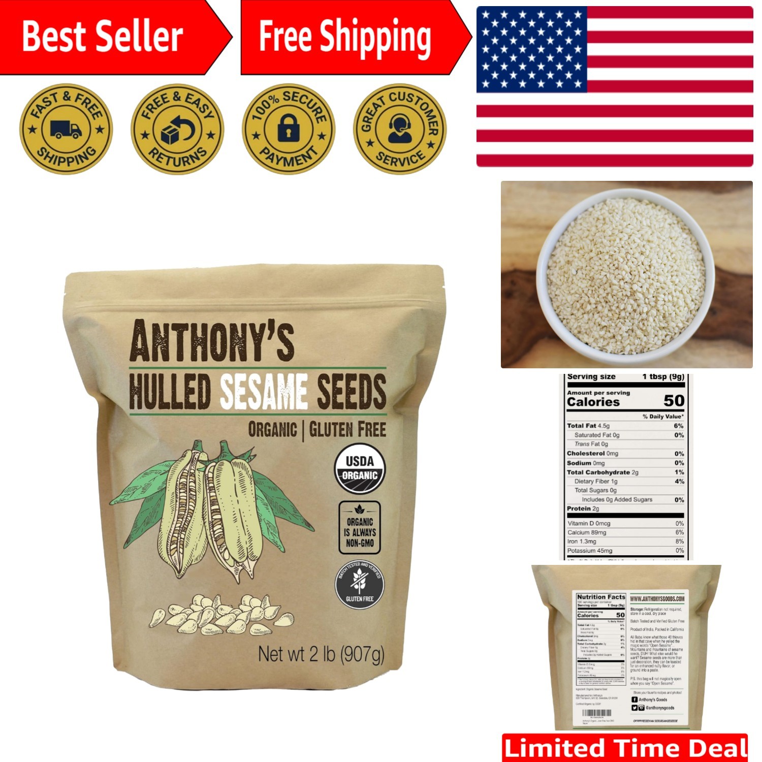 2 lb Organic Raw Hulled Sesame Seeds – Nutty Flavor, Perfect for Keto &