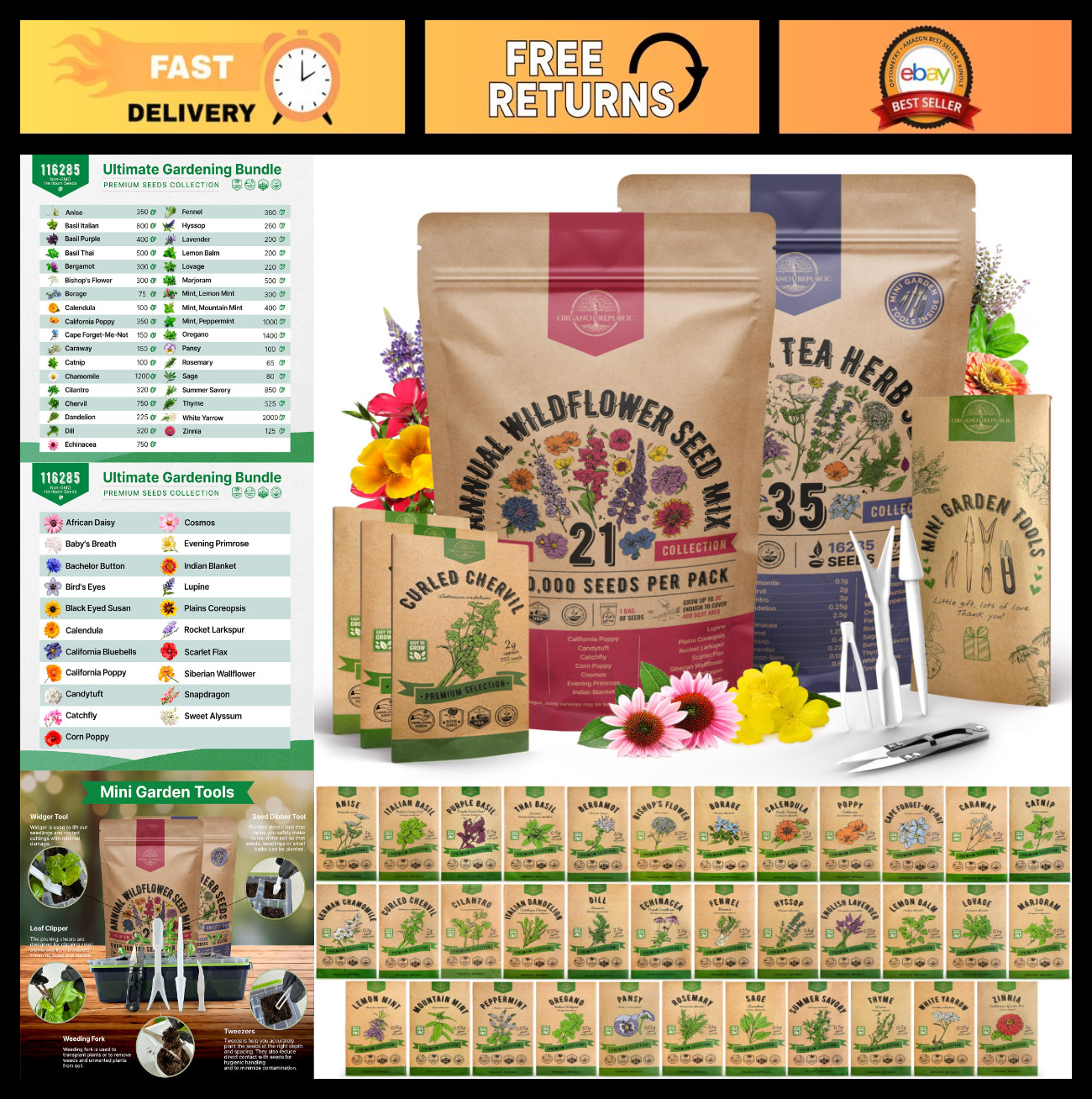 21 Wildflower & 35 Medicinal Herb Seeds Variety Pack – 116,300+ Non-GMO Heirloom