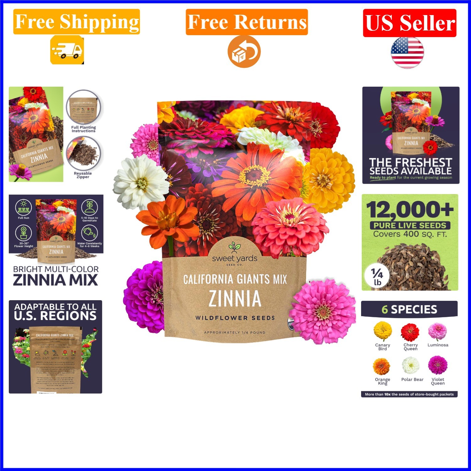 Bulk 12,000 Zinnia Seeds – California Giants Mix, Large Blooms, Reusable Pack