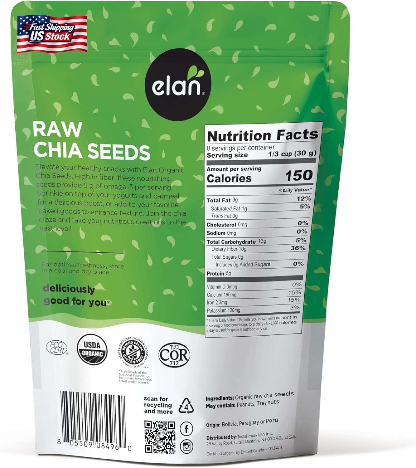 Elan Organic Chia Seeds, 8.8 Oz, Natural Raw Black Chia Seeds, Plant-Based, Non-