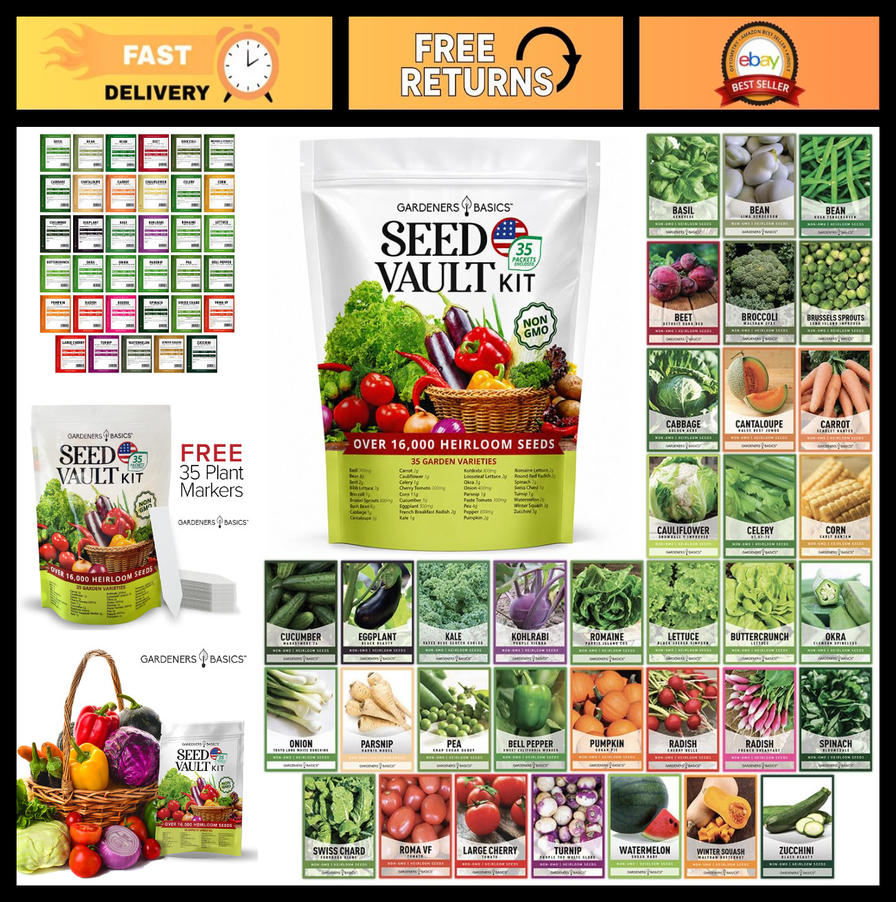 Survival Vegetable Seed Kit – 16,000+ Non-GMO Heirloom Seeds, 35 Varieties, Free