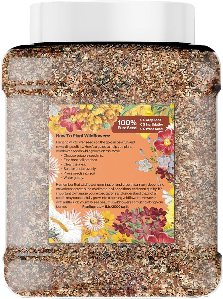 Organic Wildflower Seeds Mix – 18 Varieties, 1LB Non-GMO Tub