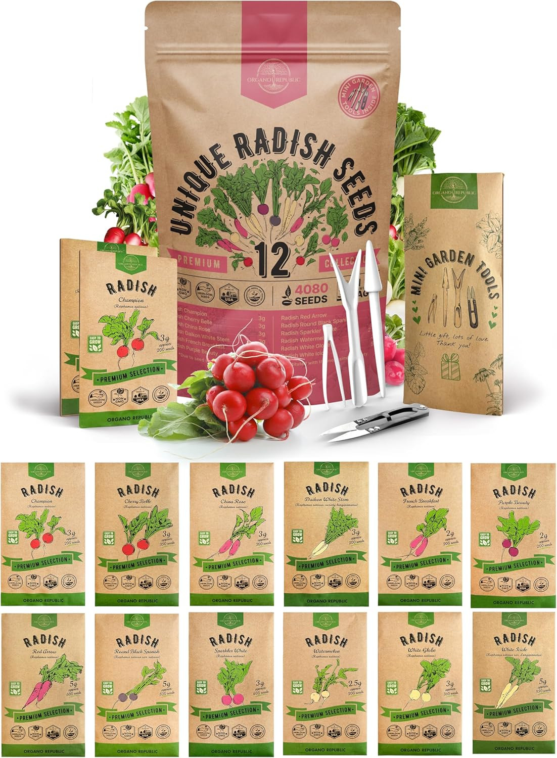 12 Radish Seed Variety Pack, 2,400+ Non-GMO Heirloom Seeds for Indoor & Outdoor