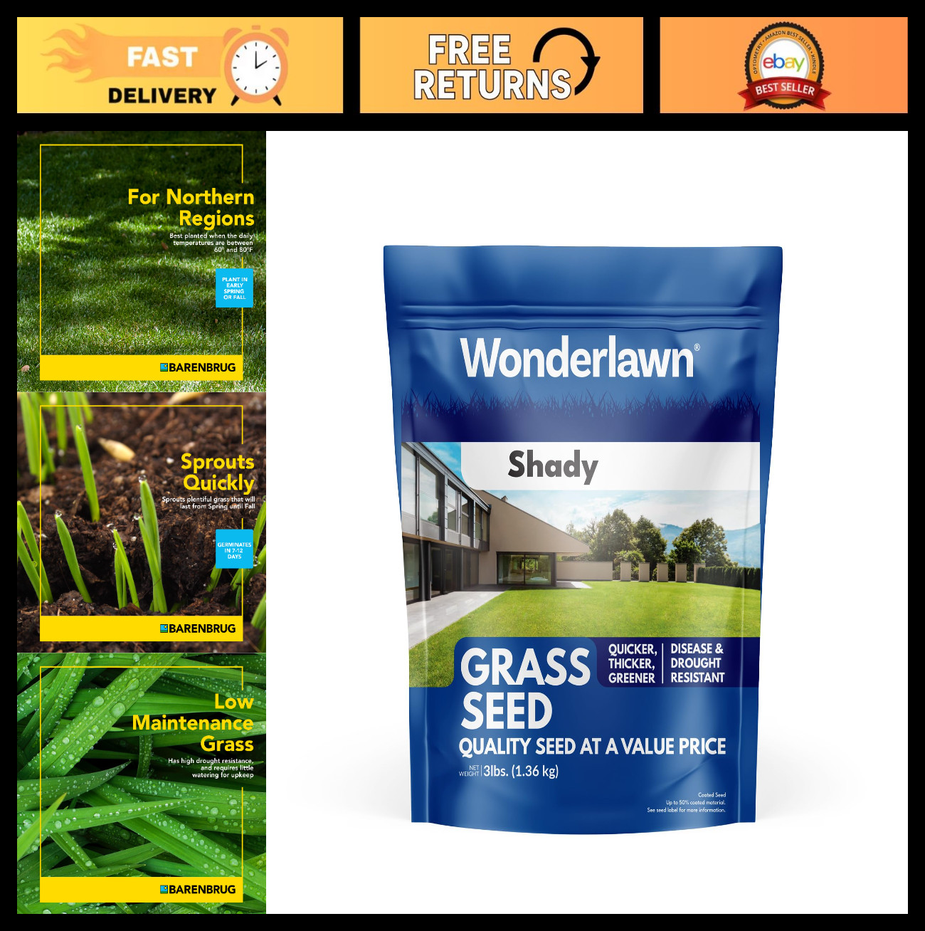 Premium Shady Grass Seed Mix for Lawn Care & Landscaping – 3 lbs. Bag