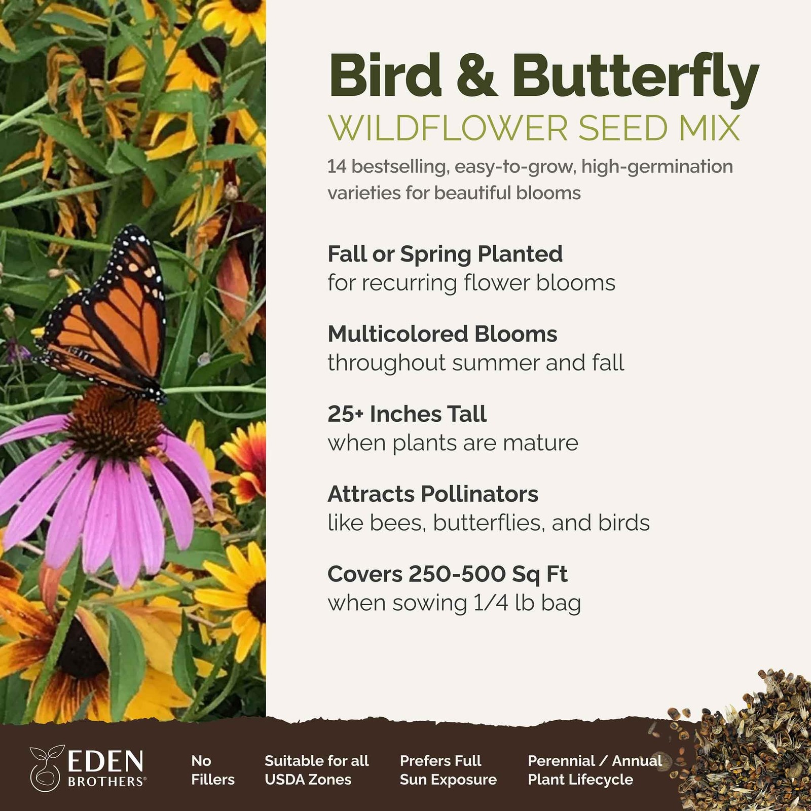 Bird & Butterfly Wildflower Mixed Seeds for Planting, 1/4 lb, 120,000+ Seeds …