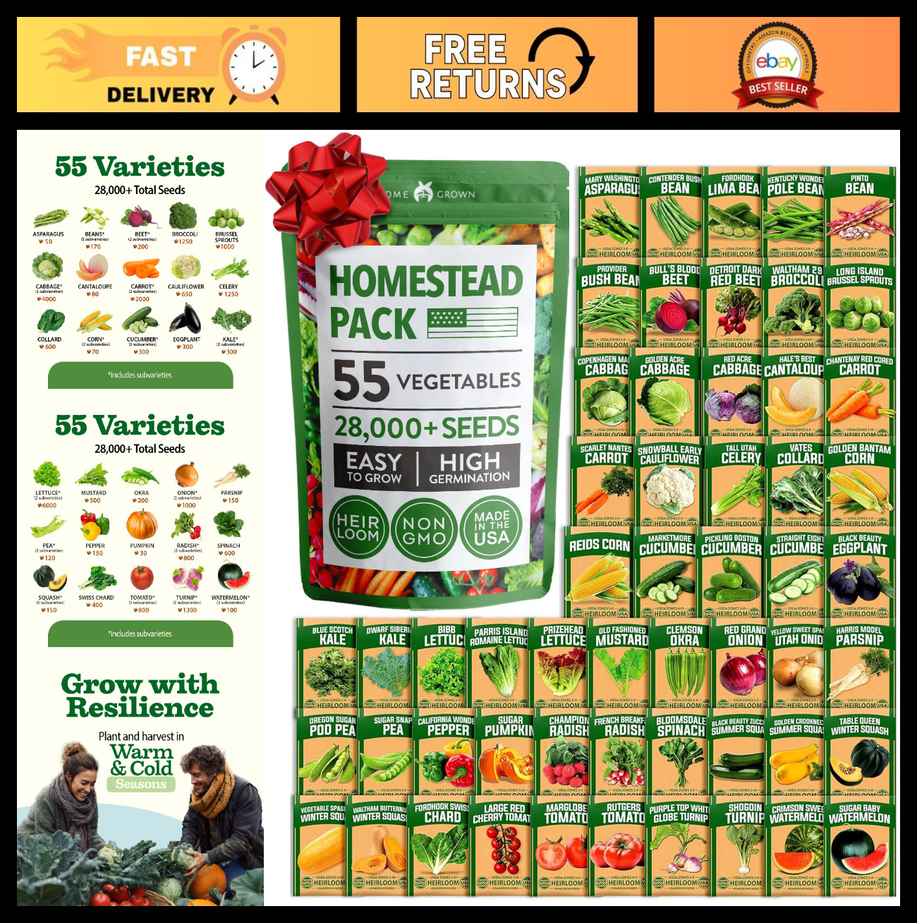 55 Variety Survival Seed Vault – 28,000+ Heirloom Non-GMO Seeds for Year-Round G
