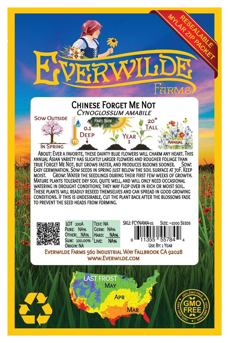 1000 Chinese Forget Me Not Wildflower Seeds – Everwilde Farms Mylar Seed Packet